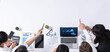 © InfiniteFlow - Panorama banner top view of office worker and businesspeople on meeting table pointing to empty space with editable blank background for customer design. Business working and meeting copyspace.Prudent
