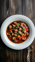 Wall Mural - Beef stew with herbs and vegetables is steaming in a white bowl on a dark wooden table