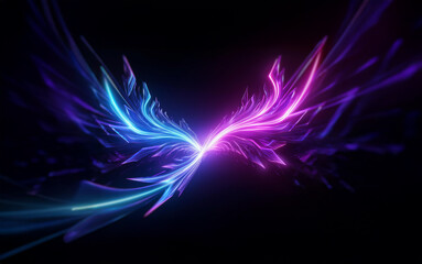 Poster - A pair of abstract glowing wings, one blue and the other purple, spread in a dark background.
