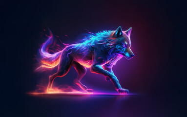 Aufkleber - A wolf with neon blue and red flames running across a dark background.