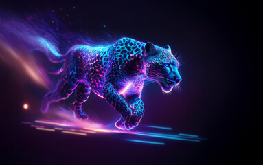 Wall Mural - a neon cheetah sprints across a dark background, leaving a trail of glowing light.