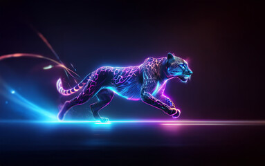 Poster - A neon cheetah with blue and purple glowing lines runs across a dark background.