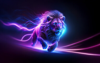 Wall Mural - a majestic lion runs forward, its mane ablaze with glowing purple and blue light trails.
