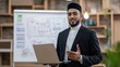 © Chatchanan - Muslim man in formal attire presenting on a laptop, whiteboard behind with project details,