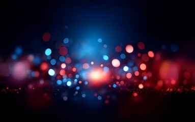 Poster - A dark background with red and blue bokeh lights, blurred to create a soft and dreamy look.