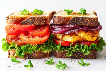 Wall Mural - Sandwich traditional bread tomato cheese and ham fried on white background isolate.