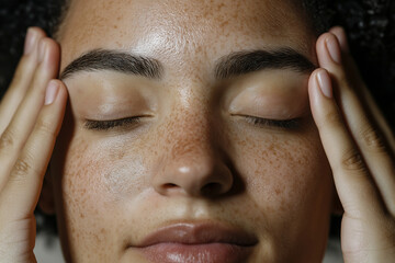 Relax and unwind with close up portrait of person enjoying soothing moment, eyes closed and hands gently pressed against their forehead, embodying tranquility and peace