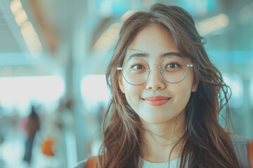 An Asian female passenger happily walks into the airport terminal towards the boarding gate.