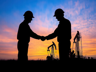 Two male engineers in silhouette shake hands at sunset amidst oil pumps, symbolizing collaboration in the energy sector.