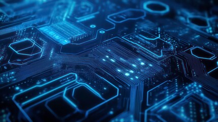Fototapete - Abstract digital circuitry design with glowing elements and hexagonal patterns.