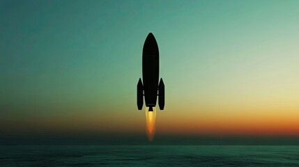 Silhouette of a hovering space rocket against a vibrant emerald green sky, emphasizing the dynamic concept of space exploration. 3D rendering with ample copy space.