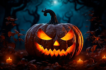 scary halloween pumpkin on wooden table and dark background