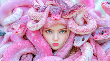 Portrait of Gorgona Medusa with pink snakes around her face