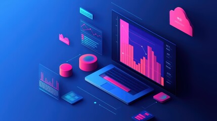 Digital analytics and data visualization on laptop screen with graphs and charts