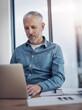 © peopleimages.com - Mature man, office and research with laptop for website information, update and reading business news. Company, financial advisor and scroll on tech for budget report, investment and portfolio review