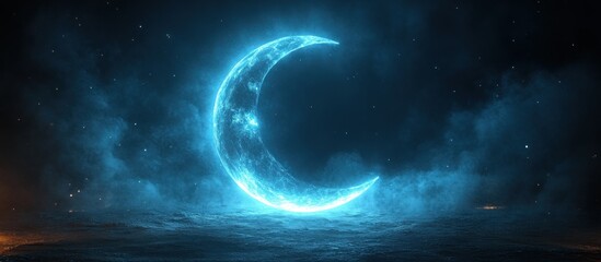 Wall Mural - a glowing blue crescent moon surrounded by mist and light effects.