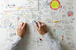 © JoeyMarut - Innovative analysis and brainstorming are depicted through hands working on chaotic whiteboard filled with colorful sketches, diagrams, and notes. This visual representation captures essence of creati
