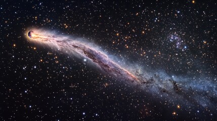 Wall Mural - Burning comet tail streaking across the night sky, surrounded by bright stars and deep nebulae generative ai