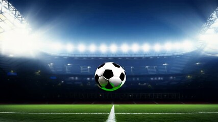 yellow slowly stadium then accelerated blue lights Soccer beginning flies net ball movement foot football gate goal grid score fly play game penalty shoot kick hit rotating rotate leather spin sphere