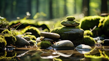 Canvas Print - A serene arrangement of stacked stones over moss and water in a tranquil forest setting.