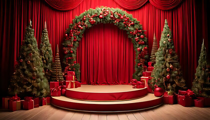 gifts pine trees beige gold minimalist winter scene christmas holidays magazine displays made using rendering