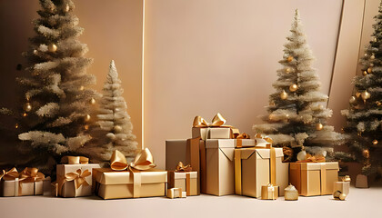 gifts pine trees beige gold minimalist winter scene christmas holidays magazine displays made using rendering