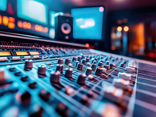 Close-up of a professional sound mixing console in a vibrant music studio setting.