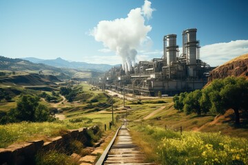 Industrial landscape featuring a factory amidst a natural setting with smoke and greenery.