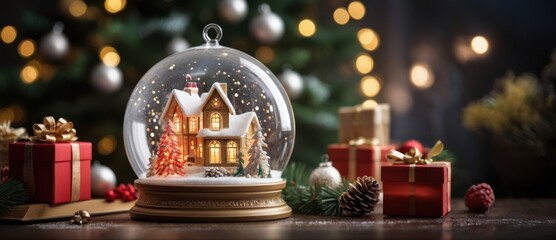 Christmas house in a snow globe on table with presents