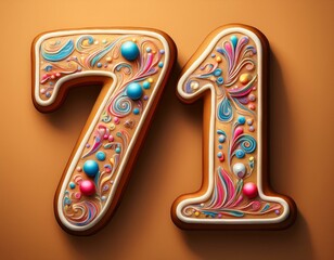 Decorated cookie, number 71, image for birthday or anniversary celebration