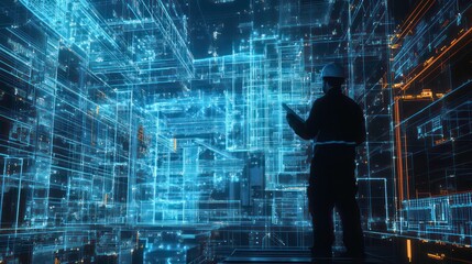 Poster - A silhouetted worker interacts with a futuristic digital environment filled with data structures.