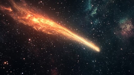 Wall Mural - Burning comet tail streaking across the night sky, surrounded by bright stars and deep nebulae generative ai