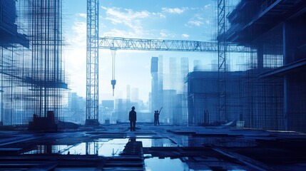 Poster - A construction site with cranes and a digital overlay of building plans.