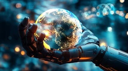 Future technology, robotic arm holding a globe, Three dimensional render of robotic hand holding glowing planet earth	
