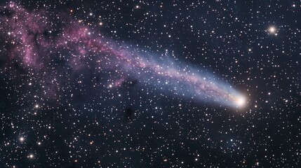 Wall Mural - Burning comet tail streaking across the night sky, surrounded by bright stars and deep nebulae generative ai