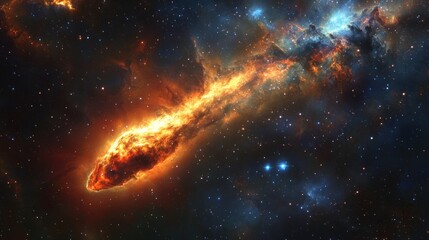 Wall Mural - Burning comet tail streaking across the night sky, surrounded by bright stars and deep nebulae generative ai