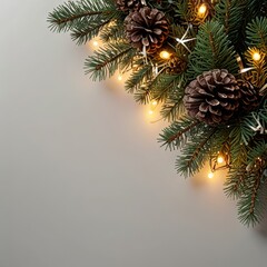 A backdrop of fir branches and lights creates a festive and serene setting. This backdrop provides ample space for text, making it ideal for greeting cards, invitations, or promotional materials.