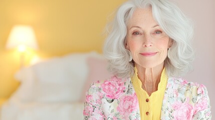 Elegant senior woman with silver hair and floral jacket in soft pastel bedroom setting exuding grace and confidence