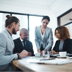 Leinwandbilder - Brainstorming, conversation and reading in meeting, group and document of financial report, team or boardroom. Office, talking and corporate people with communication, colleagues or insurance company