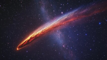 Wall Mural - Burning comet tail streaking across the night sky, surrounded by bright stars and deep nebulae generative ai