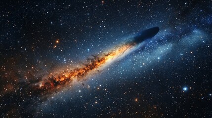 Wall Mural - Burning comet tail streaking across the night sky, surrounded by bright stars and deep nebulae generative ai