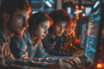 A group of developers men and women working together to program an e-commerce website.