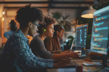 A group of developers men and women working together to program an e-commerce website.