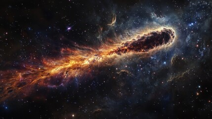 Wall Mural - Burning comet tail streaking across the night sky, surrounded by bright stars and deep nebulae generative ai