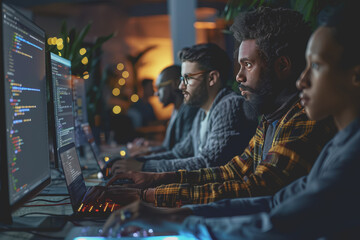 A group of developers men and women working together to program an e-commerce website.