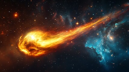 Wall Mural - Burning comet tail streaking across the night sky, surrounded by bright stars and deep nebulae generative ai