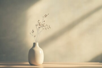 Aufkleber - A minimalist ceramic vase with delicate dried flowers is bathed in warm, soft lighting on a wooden surface, creating a serene and peaceful atmosphere.