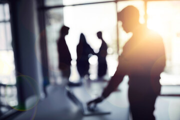 Fototapete - Boardroom, dark and silhouette with business people in office for administration or research. Blur, collaboration and laptop with corporate employee people in professional workplace for management