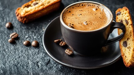 Cup of espresso with a rich, dark crema and a biscotti on the side