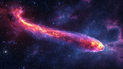 Wall Mural - Burning comet tail streaking across the night sky, surrounded by bright stars and deep nebulae generative ai